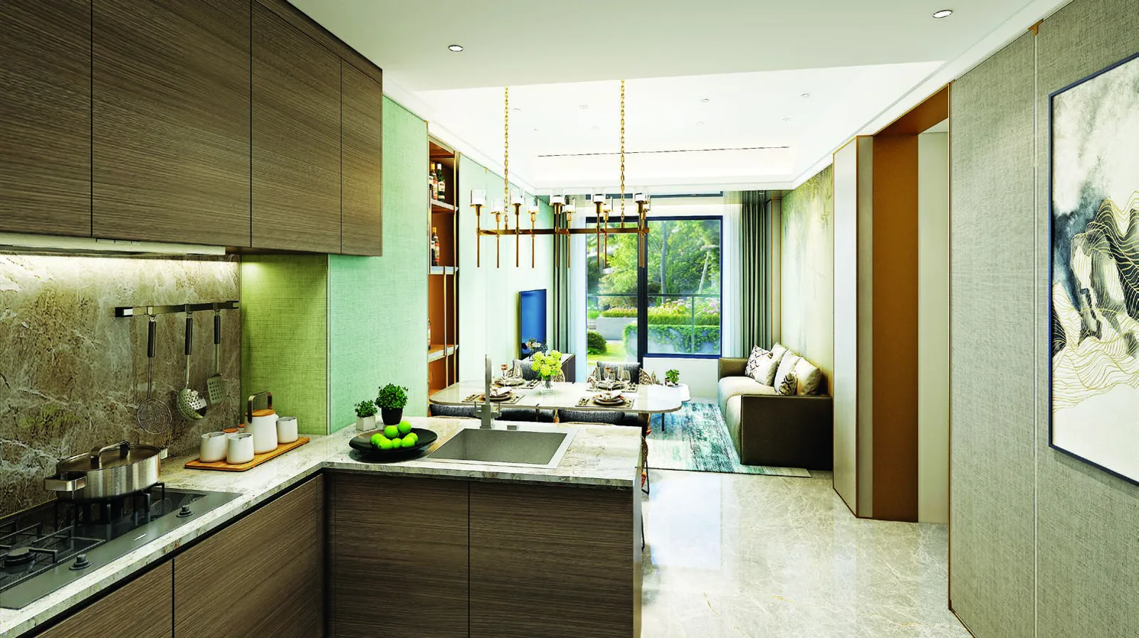 An interior view of a furnished living and dining area
