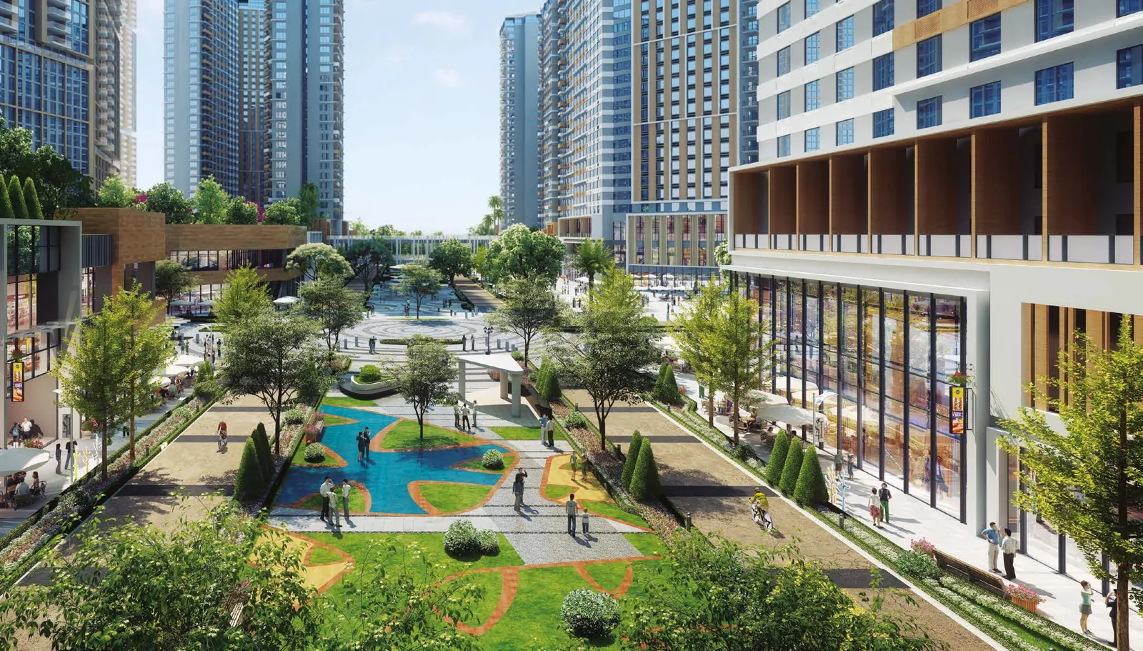 A landscaped residential plaza between low-rise buildings