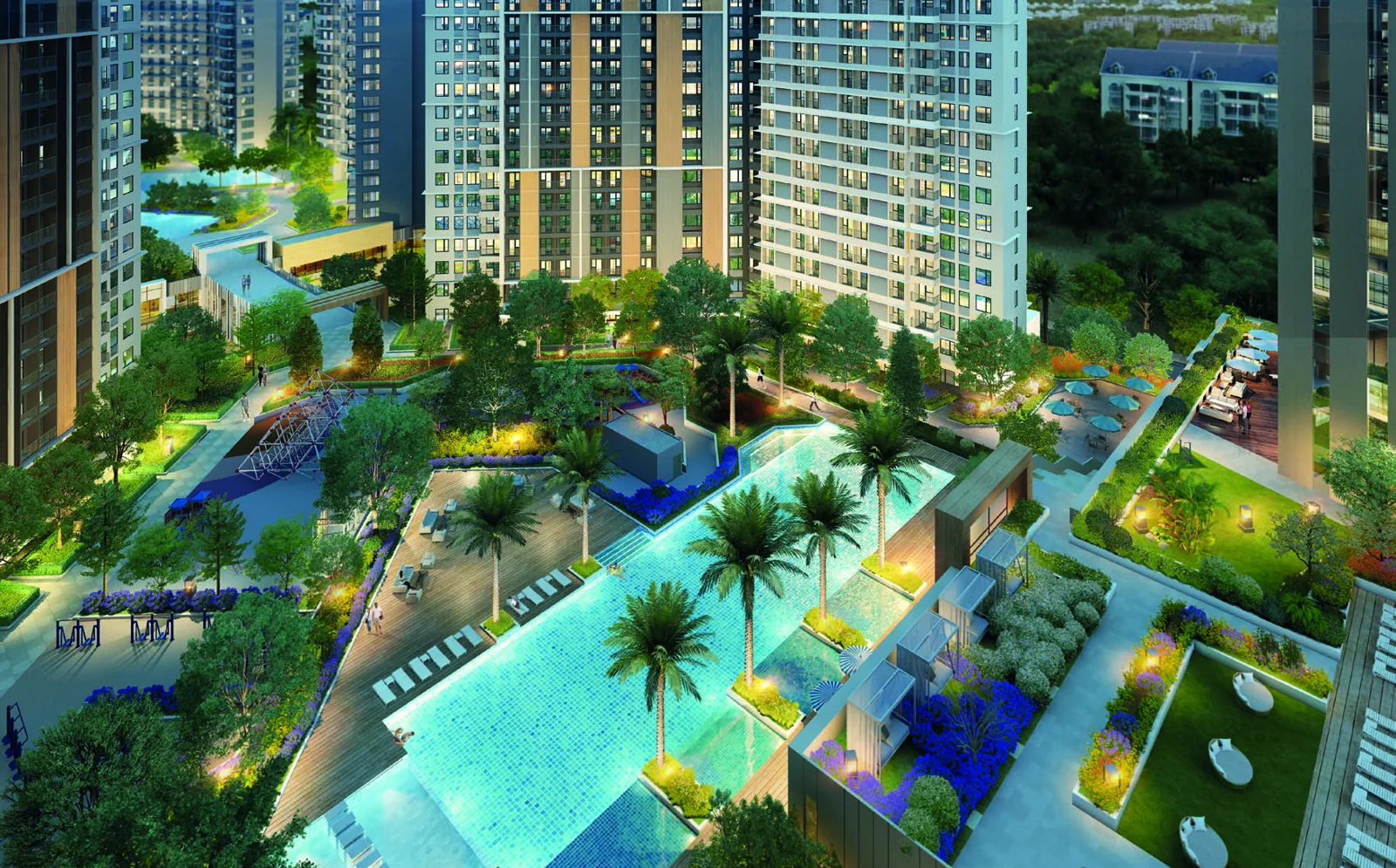 An aerial view of a landscaped condominium amenity deck